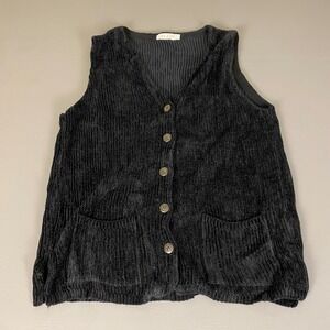 Vintage RELAIS Corduroy Vest Women One Size Black Rayon Cotton Button w/ Pockets